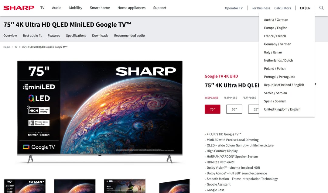 Prepínač regiónov webu Sharp so zoznamom 12 európskych trhov