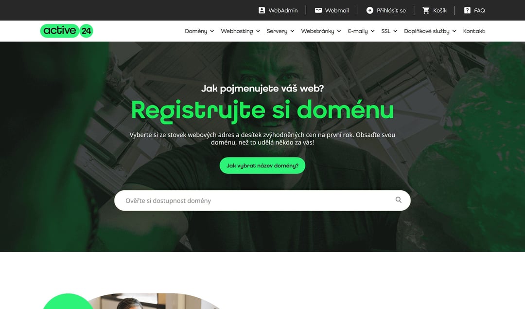 Stránka registrácie domén Active24 s overením dostupnosti domény