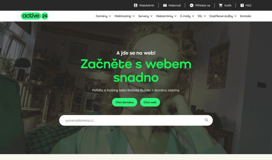Úvodná stránka webu Active24.cz s vyhľadávaním domény
