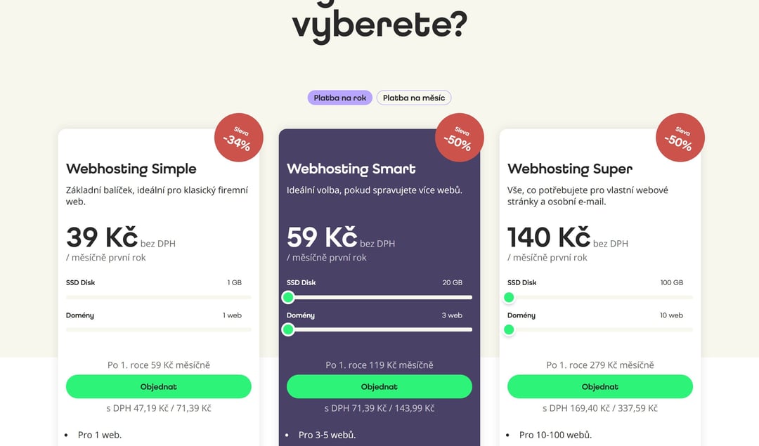 Konfigurátor webhostingových balíkov Active24 so slidermi a živými cenami